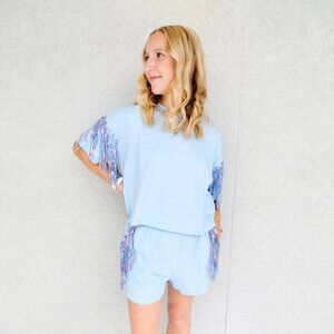 Large, Blue, Main Strip sequin frindge top